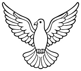 Obraz premium Flying dove of peace with spread wings simple black and white line art illustration