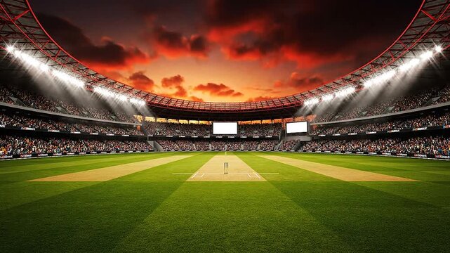 Wide-angle cricket stadium sunset, centered stumps, packed crowd, dramatic sky, cinematic sports photography realism scene with symmetry and atmosphere.