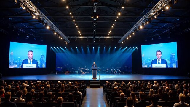 Man speaking at a conference with large screens