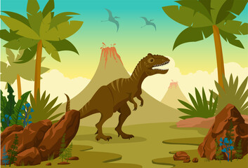 Prehistoric landscape with tyranosaur t-rex, ancient plants, eruption volcano and pterodactyls. Vector illustration with extinct plants and animals. Image with dinosaurs