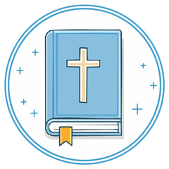 Obraz premium Illustrated blue book with cross on cover in circle, christian religious symbol, gospel, faith, bible