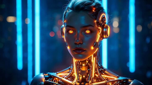 Cyborg with glowing eyes and mechanical features