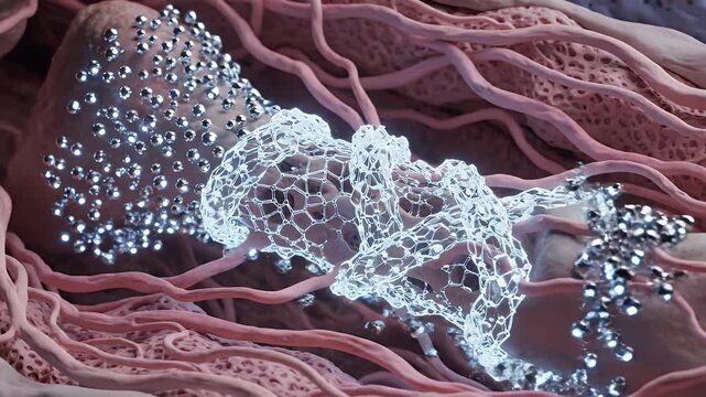 Microscopic view of mineral deposition within bone tissue near blood vessels and cells in a detailed 3D render, ideal for medical education and