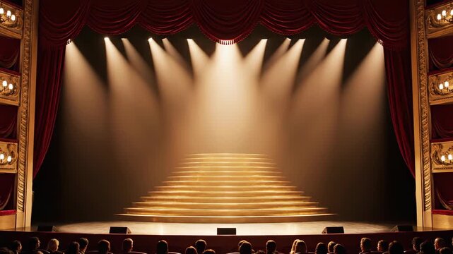Dramatic red curtain theater stage with golden staircase and spotlights shining for performance entertainment industry success