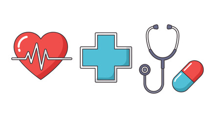 Obraz premium Medical Symbols Heartbeat Cross Stethoscope Pill.