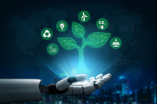 Futuristic Robotic Hand Supporting Green Technology and Sustainable Growth Concepts with Icons of Renewable Energy and Environmental Protection Quark.