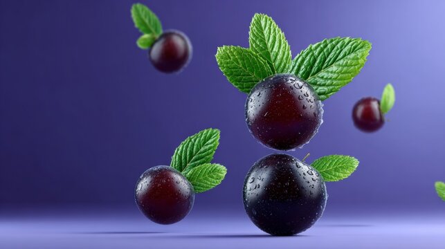 A close up of a bunch of black grapes with green leaves on top. The grapes are floating in the air, giving the impression of weightlessness. Concept of freshness and vitality