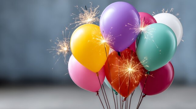 A bunch of colorful balloons with sparklers on them. The balloons are in various colors and sizes, and the sparklers are lit up, creating a festive and celebratory atmosphere