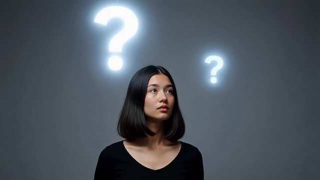 Woman with glowing question marks above head