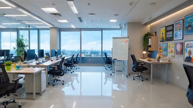 Modern office workspace with city view