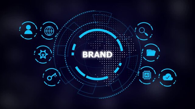 Futuristic brand concept visual: glowing blue circular hud with icons and the word 'BRAND' centered on dark background
