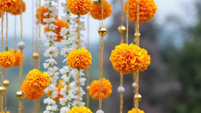 Hanging floral decorations with orange and white flowers