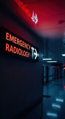 A Moody Hospital Corridor Depicting Neon Illumination and The Emergency Radiology Signage