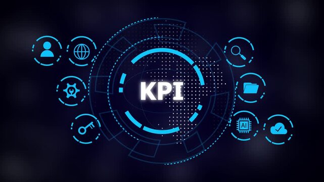 Business technology kpi concept: glowing blue circular HUD with 'KPI' in center and related icons (user, globe, magnifier, folder, ai chip, cloud) on dark blurred background