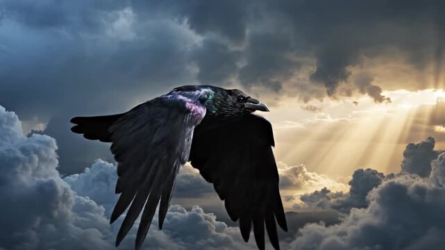 Raven flying through dramatic clouds with golden sun rays