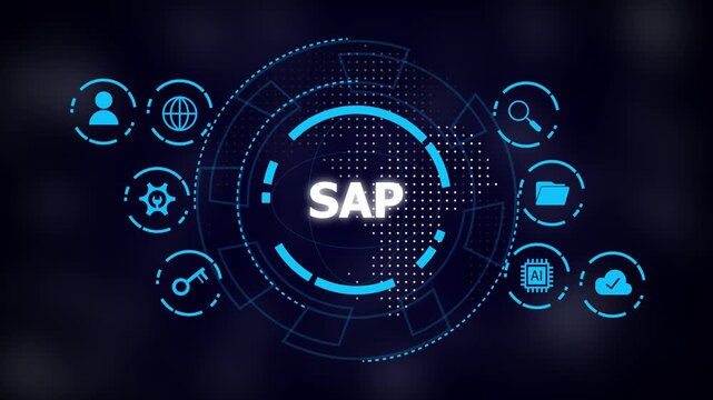 Technology concept image showing 'SAP' in the center of a circular futuristic interface, blue icons on dark background
