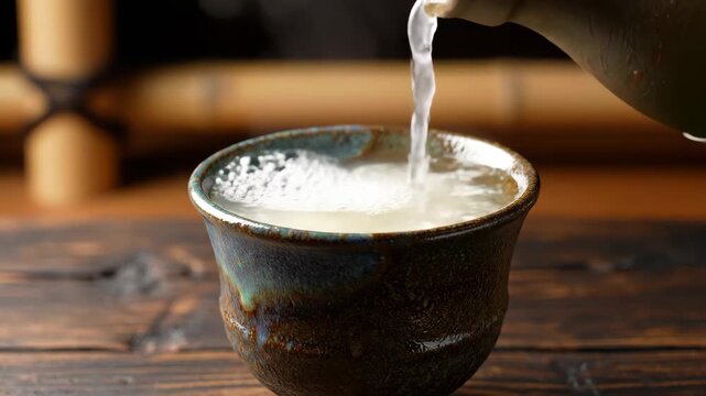 Pouring Nigori Sake into Ceramic Cup 4K Video