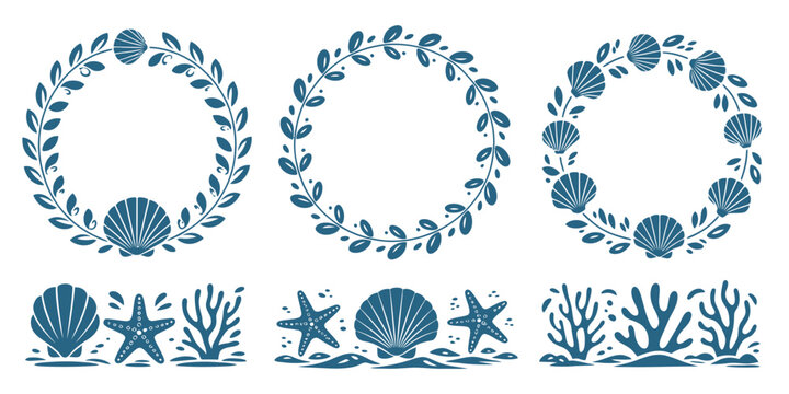 Nautical Wreath, and Border Set, with Seashells, Starfish, and Coral