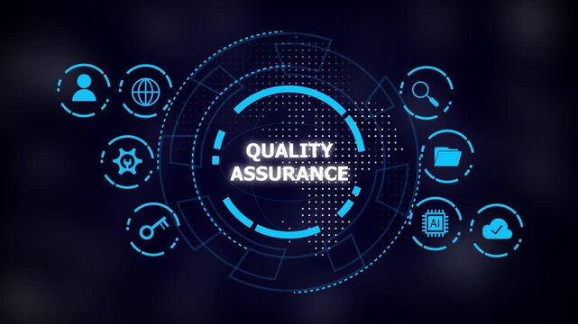 Futuristic blue quality assurance interface with circular HUD and icons on dark background