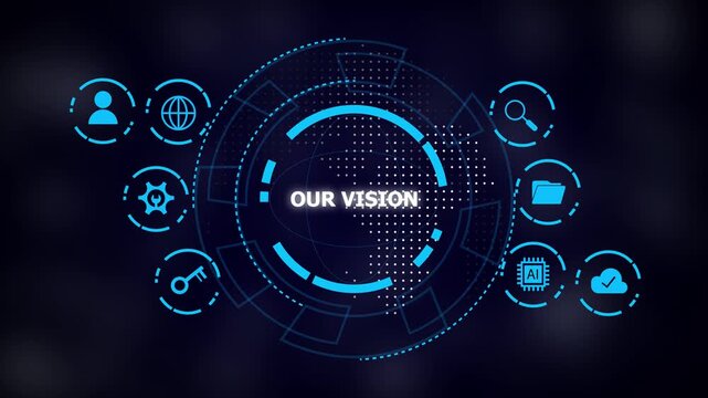 Futuristic blue circular interface with 'our vision' text at center and technology icons around on dark background