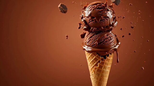 Chocolate ice cream in cone with chocolate chunks