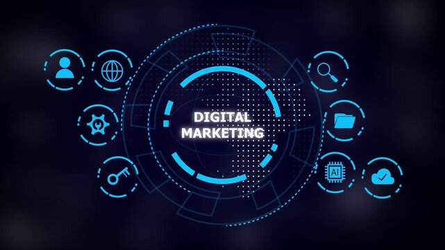 Futuristic digital marketing concept with glowing blue circular interface and related icons on dark background