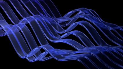 Wavy purple glass lines on a black background, 3d render