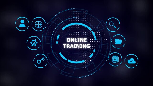 Futuristic blue digital interface with circular HUD elements and technology icons surrounding text 'online training' on dark blurred background