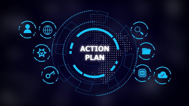 Futuristic blue circular interface with 'action plan' text at center, surrounded by technology and business icons on dark background