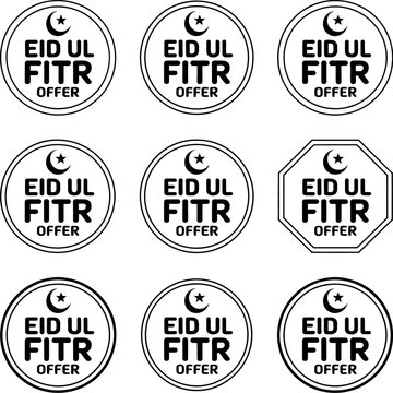 Eid Ul Fitr offer stickers with crescent moon and star on white background