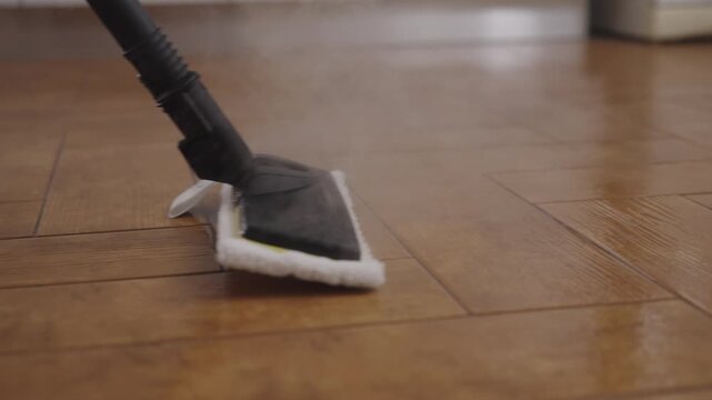 Steam mop cleaning durable wood flooring, applying hot vapor to disinfect surfaces and remove grime, ensuring hygienic environment without harsh chemicals. Concept of household chores and hygiene.