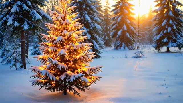 Snowy Christmas tree in forest at sunset