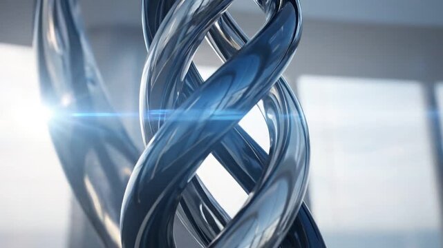 Abstract chrome twisted helix sculpture rotates in modern office space with bright light reflections showing dynamic motion and cinematic metallic texture video footage