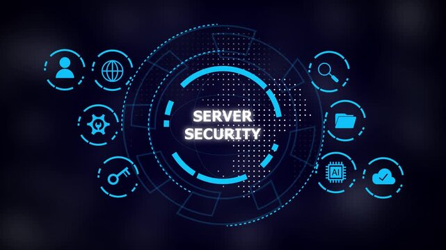 Dark-tech background with glowing blue circular interface and icons around a central 'server security' label