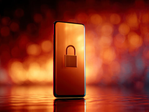 Modern smartphone with digital padlock symbol on screen representing advanced mobile security and personal data protection against cyber threats