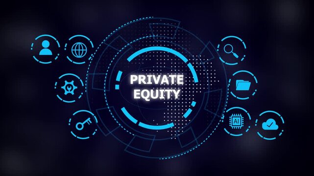 Digital concept of private equity with futuristic circular hud and blue icons on dark background