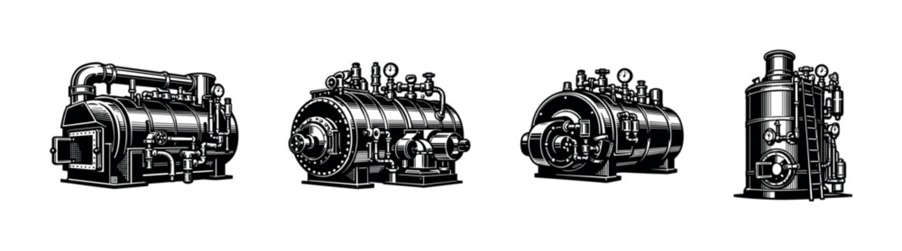 Industrial machinery flat vector icons set: engine, boiler, mechanical parts collection