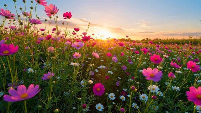 Field of pink and white flowers at sunset