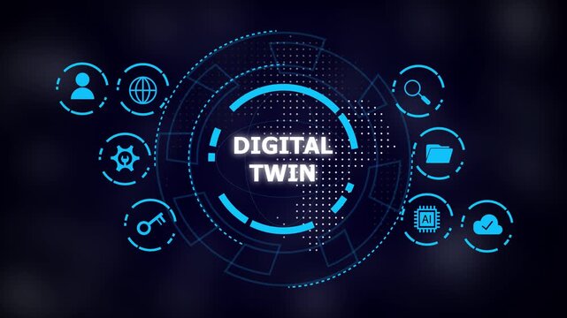 Futuristic blue circular interface with the words 'digital twin' centered, surrounded by tech icons on a dark blurred background