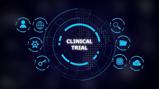 Futuristic blue circular hud interface with 'clinical trial' text at center, medical and tech icons on dark blurred background