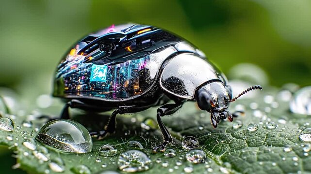 Shiny beetle with futuristic cityscape on its back on wet leaf