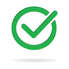 3D Green check mark icon vector. Glossy tick in circle ring with shadow. Symbol of success, approval, voting, verification and correct choice. Realistic isolated badge for interface.