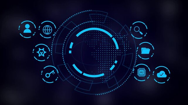 Futuristic blue digital interface with circular hud elements and tech icons on dark background