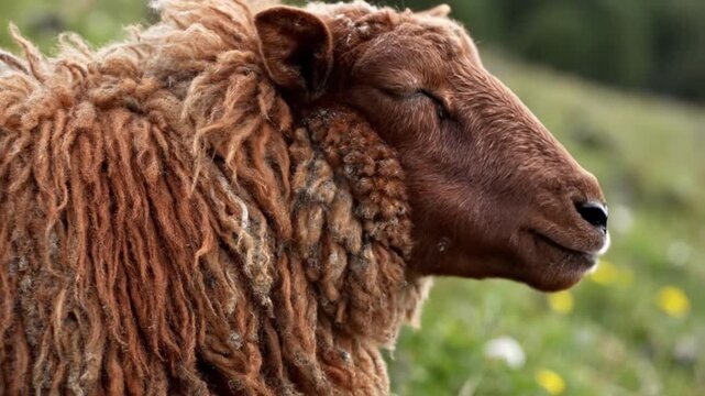 Rustic brown sheep fleece in a grassy pasture