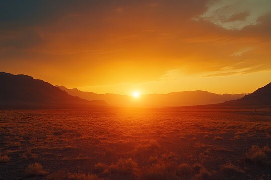 Fiery orange sunset over barren desert plain with tall dry grass, distant mountains and glowing sun rays breaking through clouds