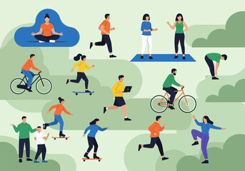 Diverse group of people engaging in various outdoor activities like running yoga and cycling high quality © arfanah02