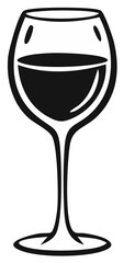 Stylized black and white illustration of a wine glass filled with dark liquid