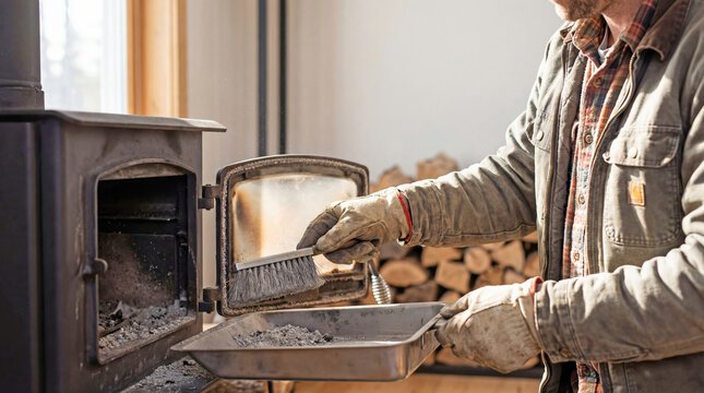 Man cleaning ash from wood stove in rustic indoor setting