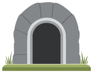 Fototapeta premium Minimalist Stone Archway Entrance Illustration with Dark Cave Opening and Green Grass