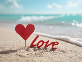 Fototapeta premium Red Heart Stick in Sand Beside Love Written on Beach with Turquoise Sea Waves ,Sunny Romantic Summer Valentine Concept